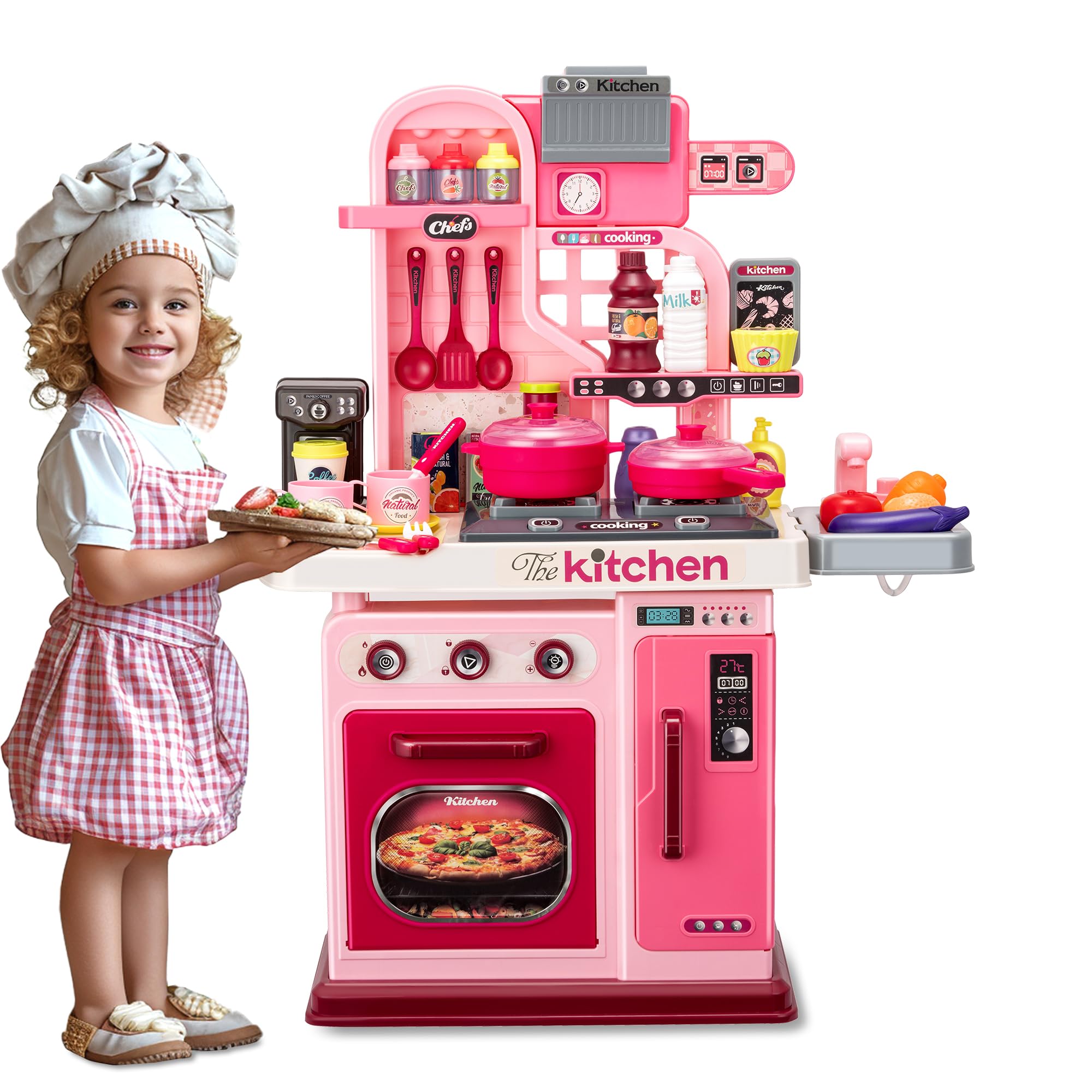 Kids Kitchen Playset-53pcs Cooking Stove,Paly Sink,Oven,Kitchen Toys with Realistic Lights&Sounds，Pretend Play Toys,Kitchen Toys for Toddlers 1 2 3 (Pink)