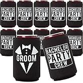 Groom and Bachelor Party Crew Squad Bachelor Party Can Coolers, Set of 12 White and Black Beer Can Coolies, Perfect Bachelor Party Decorations and as Grooms Men Gifts
