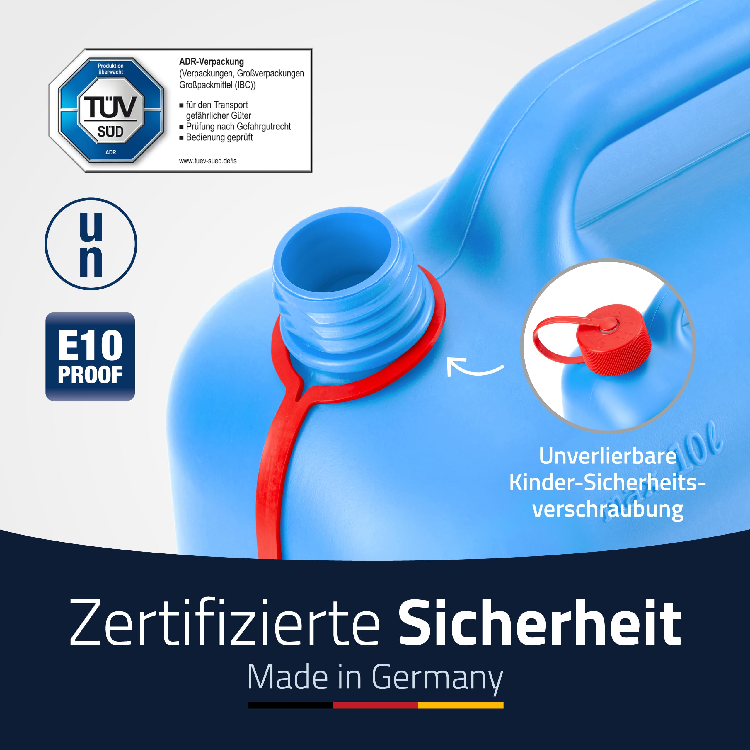 hünersdorff Kraftstoff-Kanister STANDARD 10l für Benzin, Diesel und andere Gefahrgüter, UN-Zulassung, made in Germany, TÜV-geprüfter Produktion, blau 5