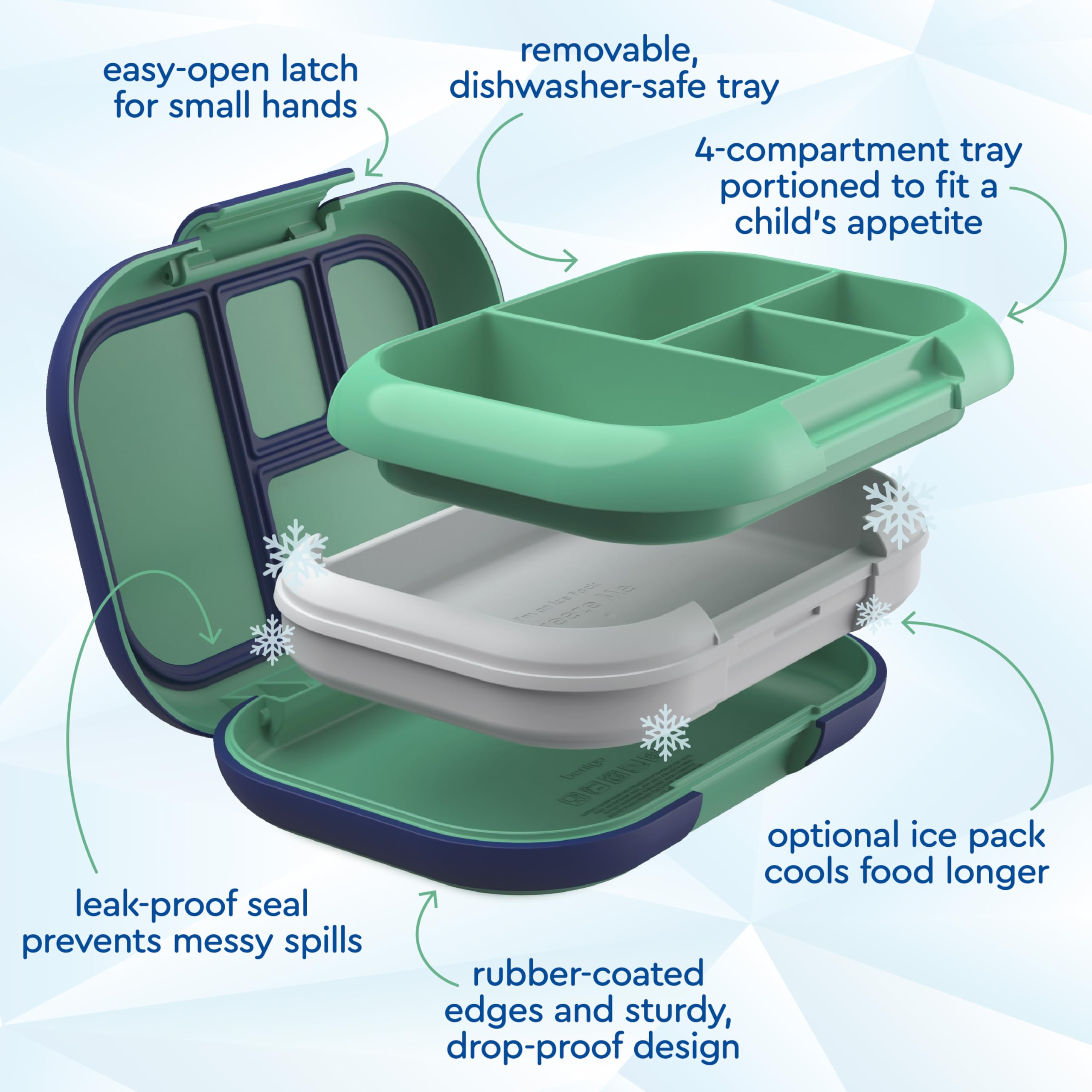 Bentgo Chill Kids Leak-Proof Lunch Box - 4-Compartment Bento Box with Built-In Ice Pack, 3.3 Cup Capacity, PFAS & BPA-Free, Microwave & Dishwasher Safe, Ideal Size for Ages 3 to 7 (Green/Navy)