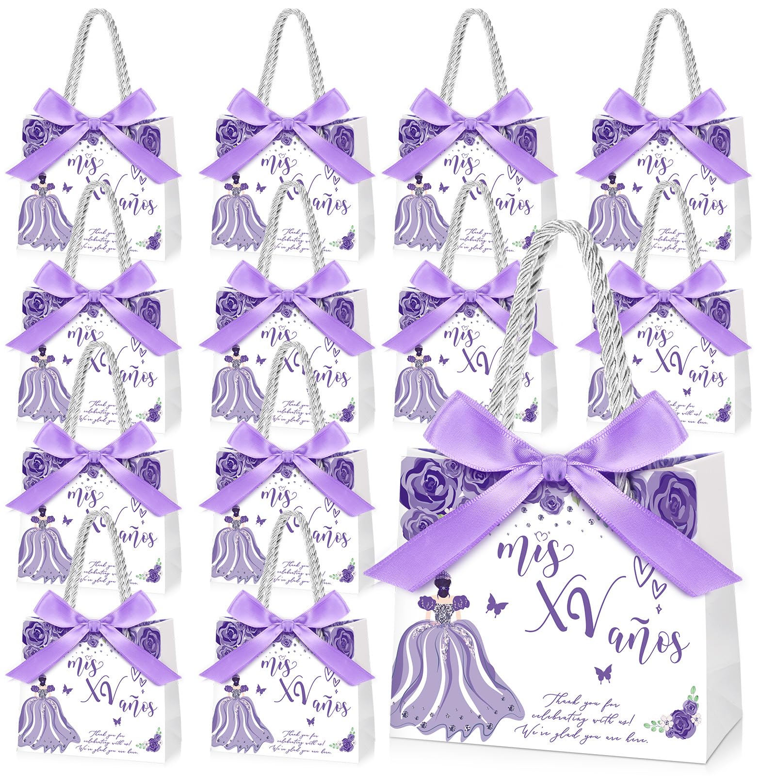 Photo 1 of Skyygemm 25 Sets Quinceanera Party Favors for Guests Quinceanera Gift Bag with Handles Small Candy Bag with Bow Ribbon Mis Quince Decoration Sweet 15 Birthday Party Favor (Purple)