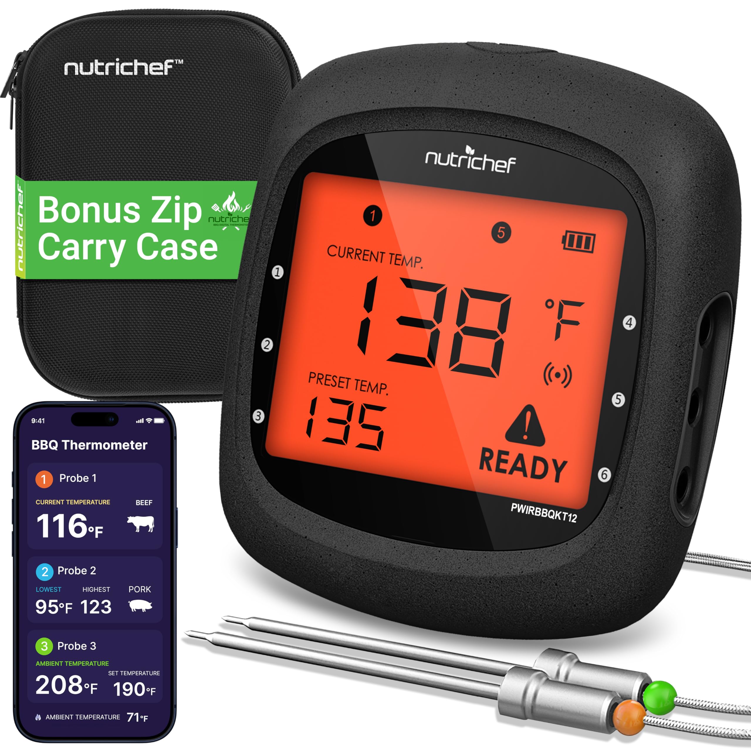 NutriChef Smart Bluetooth BBQ Thermometer with Travel Zip Case, Upgraded Stainless w/ 2 Temperature Probes, LCD Display, Done Alarm Android iPhone, Gas Charcoal BBQ Smoker Temp Monitoring Image