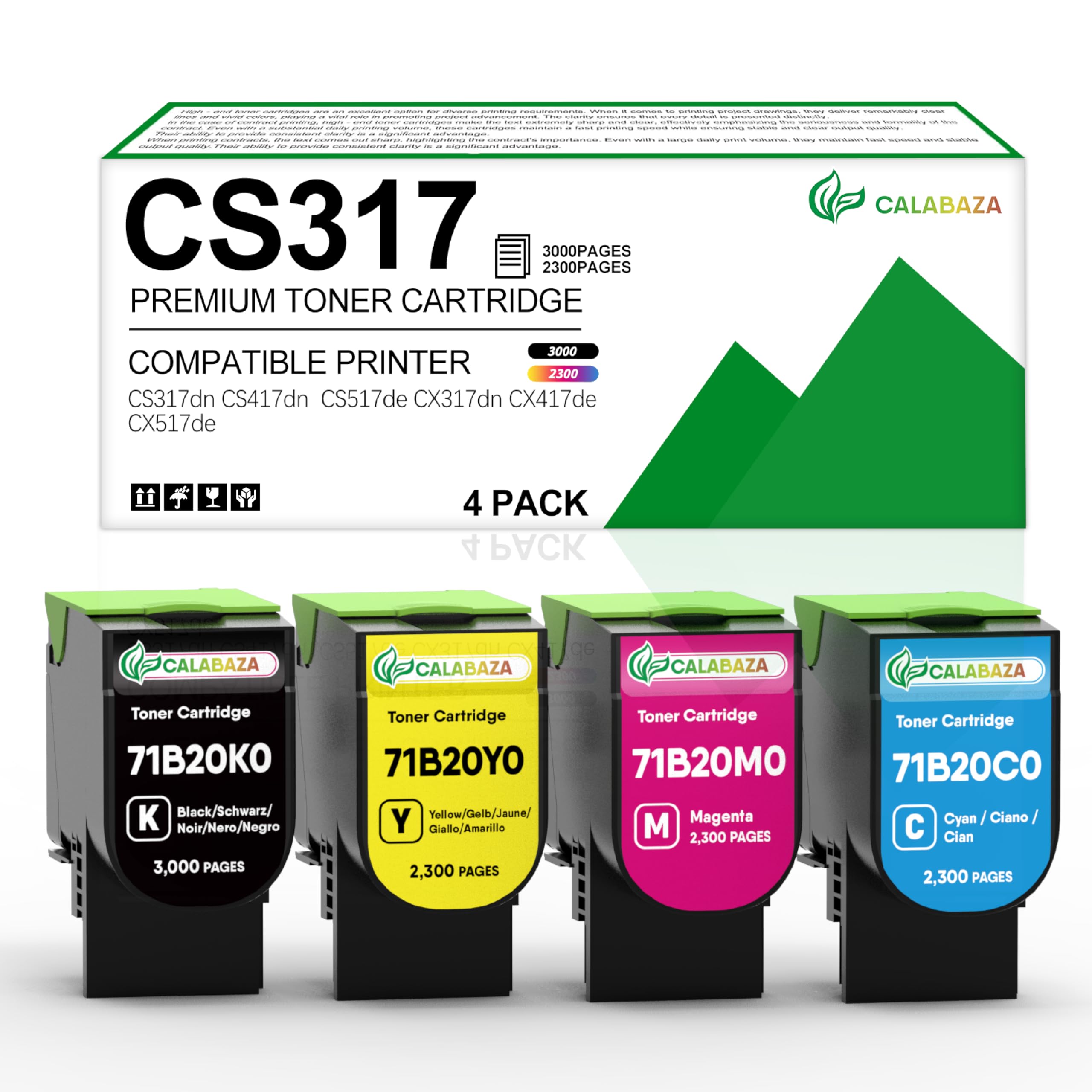 CX417 Toner Cartridge Replacement for Lexmark CX417dn Toner Cartridge for Lexmark CX317dn CX517de CS317 CS417 CS517 71B20K0 71B20C0 71B20M0 71B20Y0,3,000 & 2,300 Pages