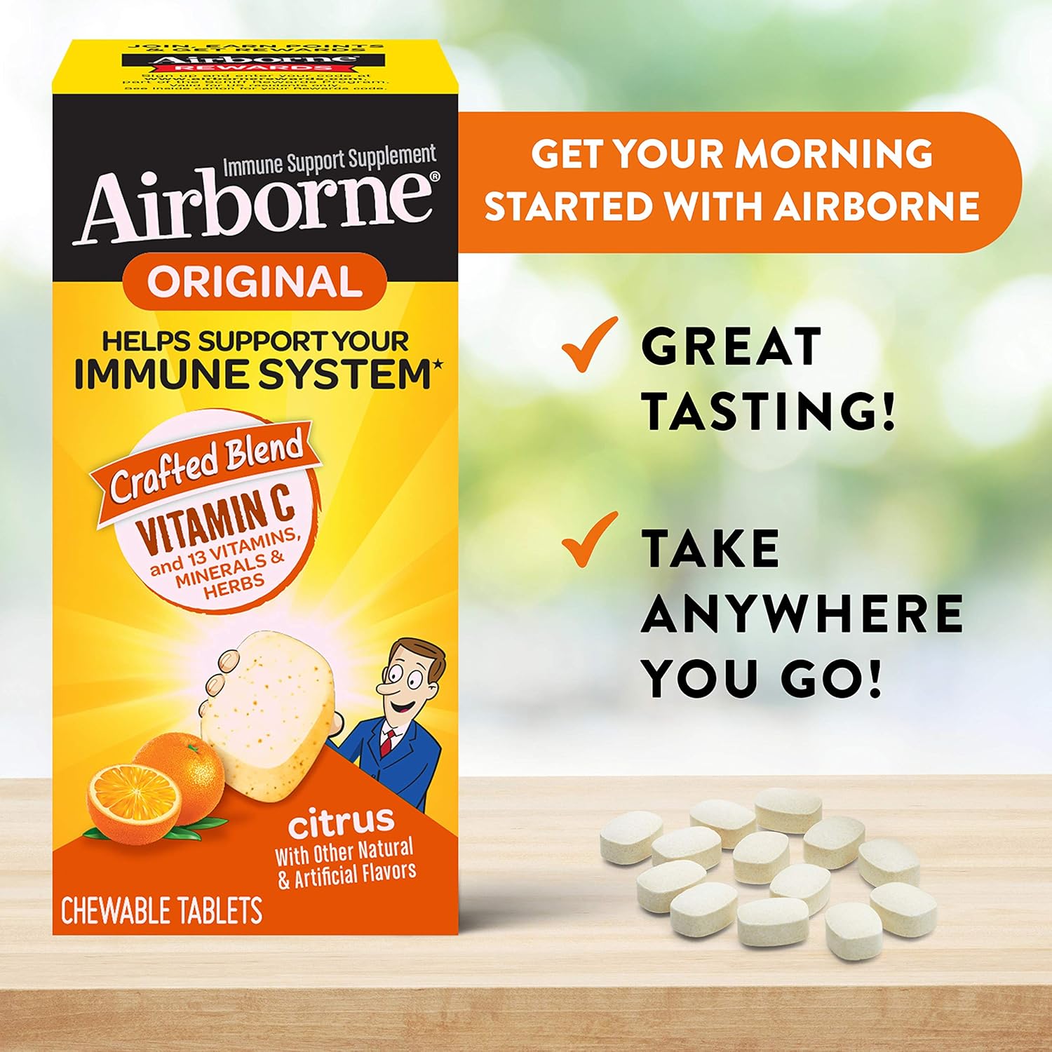 Airborne Vitamin C 1000mg (per serving) - Citrus Chewable Tablets (96 count in a box), Gluten-Free Immune Support Supplement With Vitamins A C E, Zinc, Selenium, Echinacea, Ginger, Antioxidants: Health & Personal Care