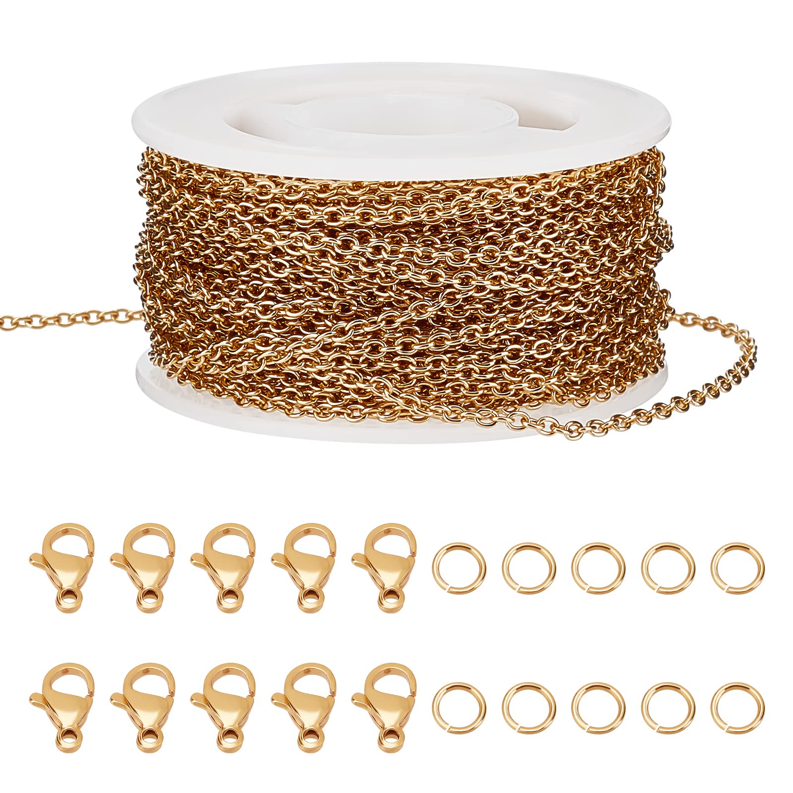 Beebeecraft 33 Feet Jewelry Making Chains 18K Gold Plated Earring Bracelet Necklace Link Chain with Lobster Clasps Jump Rings for Necklace Jewelry Accessories(2.5mm)