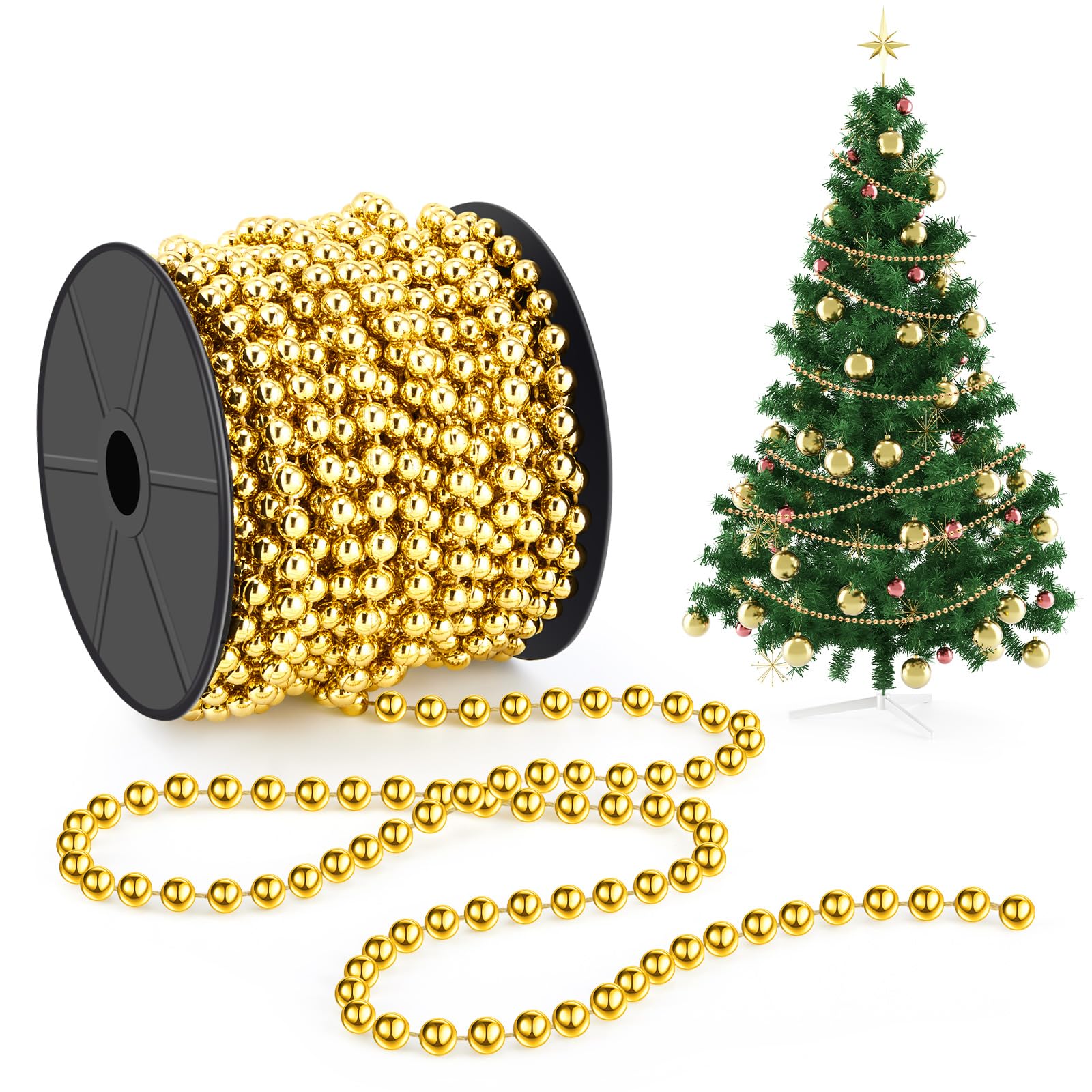 Chuangdi 1 Roll/ 15m Christmas Bead Chain 6mm Gold Christmas Hanging Decoration Christmas Tree Ornaments Plastic String Garlands for Craft Xmas Tree, Stairs, Wedding, Costume, DIY Party Supplies