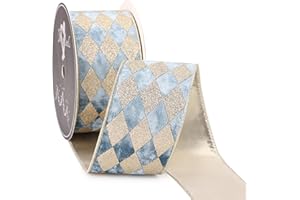 MAYREEL Dusty Blue Crushed Velvet Wired Ribbon 2.5 Inch Christmas Ribbon with Gold Diamond Lattice Glitter, 10-Yard Roll for Christmas Tree, Wreaths, Crafts, Garlands, Bows & Elegant Holiday Décor