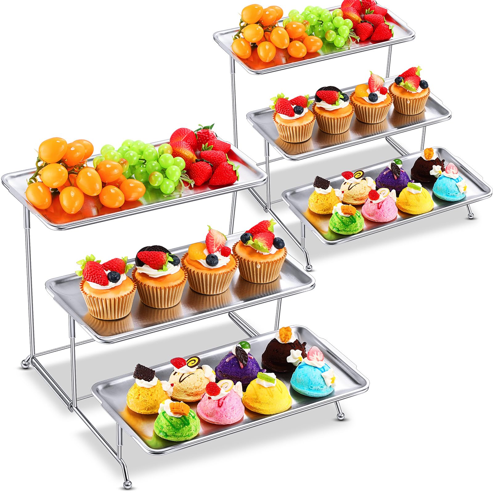 Photo 1 of Hicarer 2 Pcs 3 Tier Serving Trays Stand, Stainless Steel Serving Platters Dessert Table Display Set Rectangle Plate Set with Metal Stand for Appetizer Snack Fruit Cup Cake Party (Silver)
