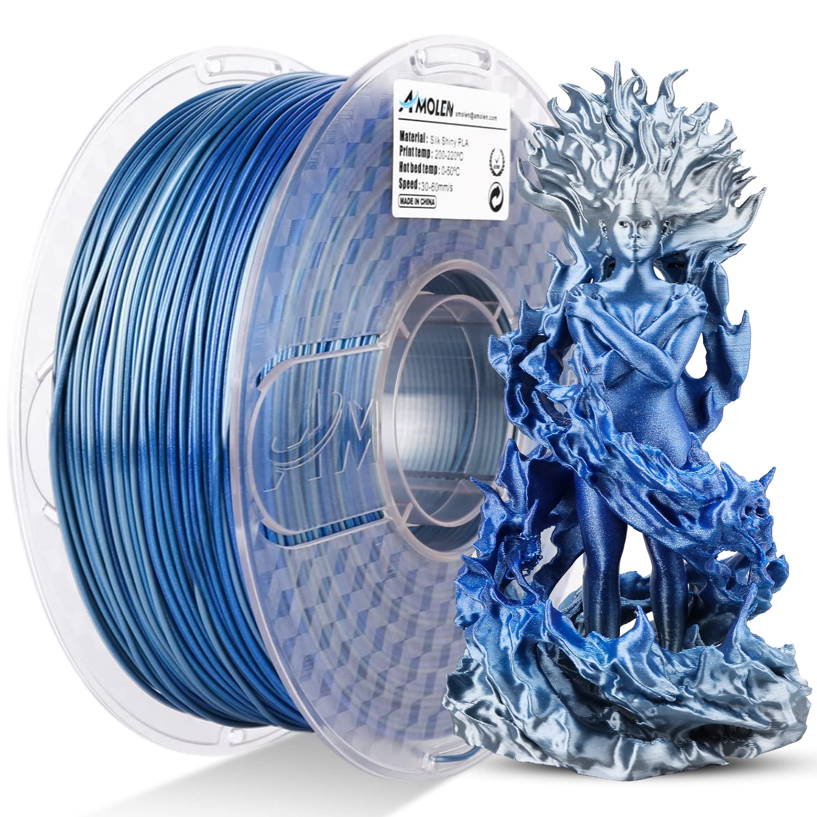 AMOLEN PLA 3D Printer Filament, PLA Filament 1.75mm Silk Shiny Filament Blue Silver Filament, 3D Printing Filament 1KG/2.2lb