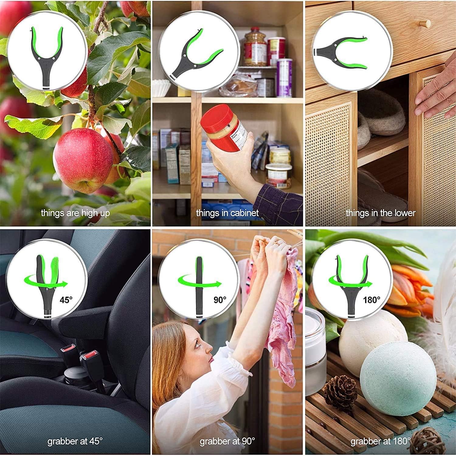 Jellas Reacher Grabber Tool, 90° Rotating Head, 32" Foldable Claw Grabber with Shoehorn, Reaching Assist Tool for Trash Pick Up, Litter Picker, Arm Extension (Green): Health & Personal Care