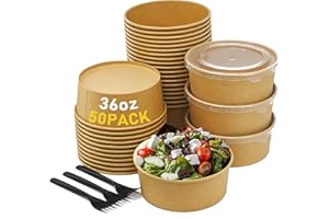 HOLDLOT 36oz (1100ml) Disposable Paper Take Out Containers【with Lids & Forks】50 Pack Heavy Duty Salad Bowls for Hot/Cold Food Soups Noodles Lunch Round To Go Food Containers for Household / Party / Take-out