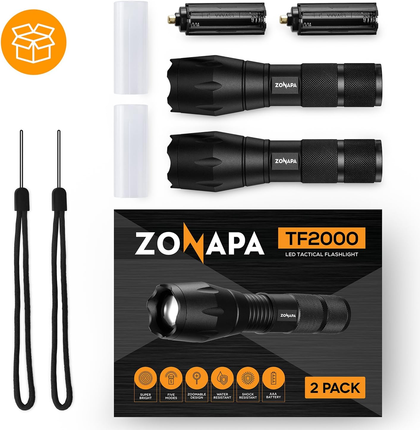 ZONAPA Tactical LED Flashlight (2-Pack) High Lumens, 5 Ultra-Bright Lighting Modes Strobe, SOS | Indoor, Outdoor Emergency, Camping, Hiking, Security | Waterproof, Zoomable - - 
