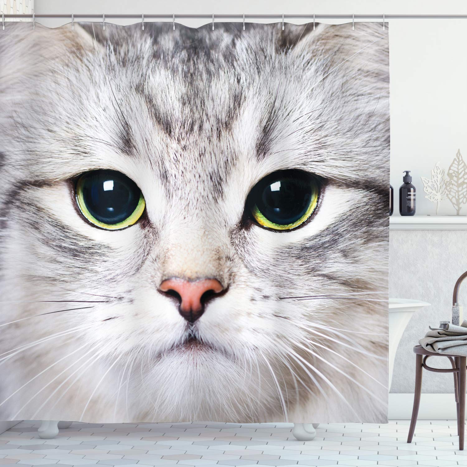 ABAKUHAUS Cat Shower Curtain, Cat Print Kitten Kitty Closeup Portrait Digital Photography Domestic Pet, Cloth Fabric Bathroom Decor Set with Hooks, 94 Inches, Multicolor