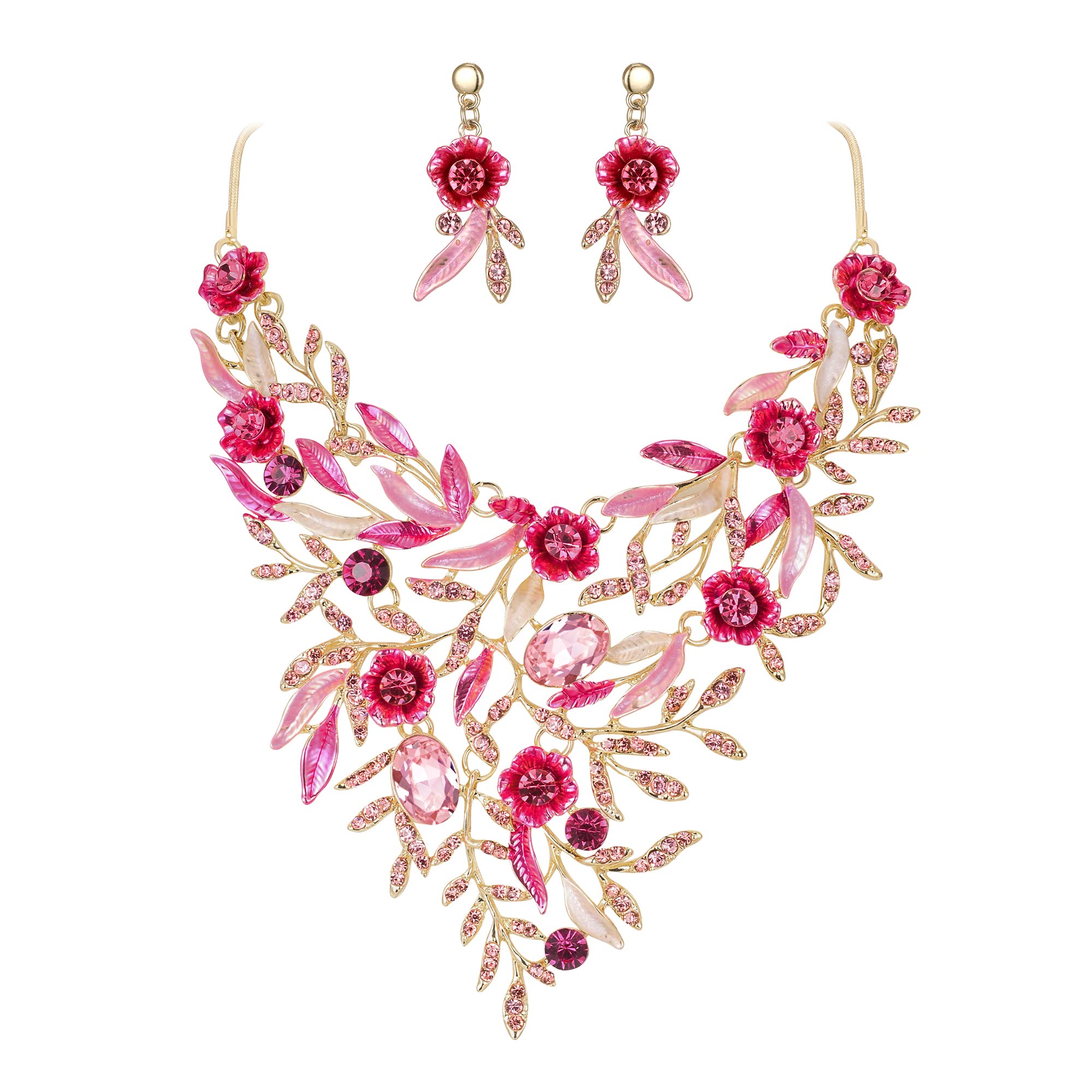 Clearine Wedding Bridal Leaf Cluster Jewellery Set for Women Crystal Flower Enamel Statement Necklace Dangle Earrings Pink Gold-Tone