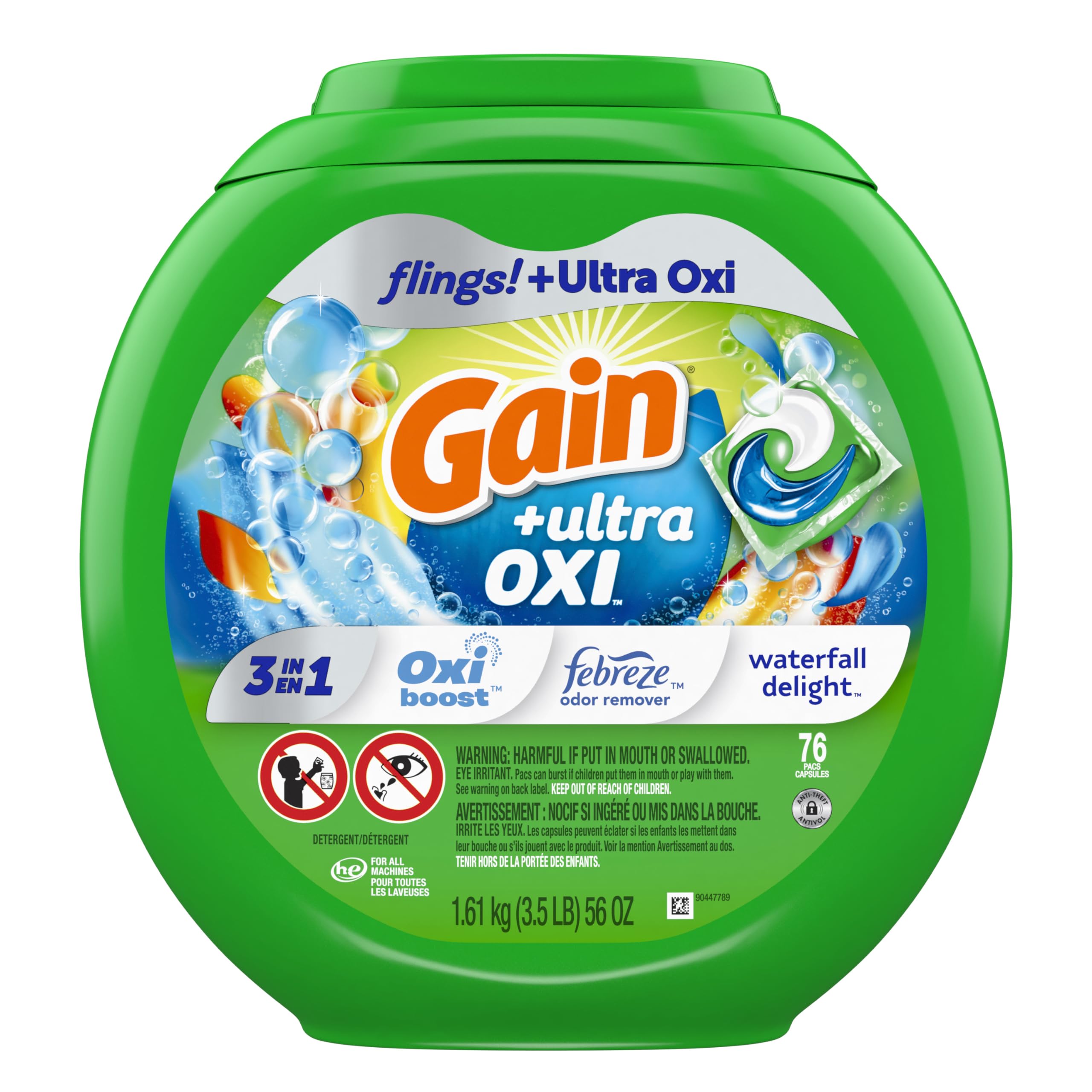 Gain flings Ultra Oxi Laundry Detergent Pacs 3-in-1 HE Compatible, Waterfall Delight Scent, 76 Count