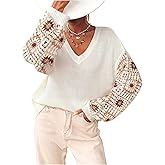 Verdusa Women's Boho Floral Crochet Sweater V Neck Long Sleeve Loose Knitted Pullover Sweaters