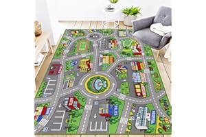 VSIWB Kids Rug 6'6" x 5'0" City Life Playmat Area Rug Car City Map Washable Traffic Road Educational Learning Nursery Rug Carpet for Children Playroom Living Room Bedroom Classroom Decor Green