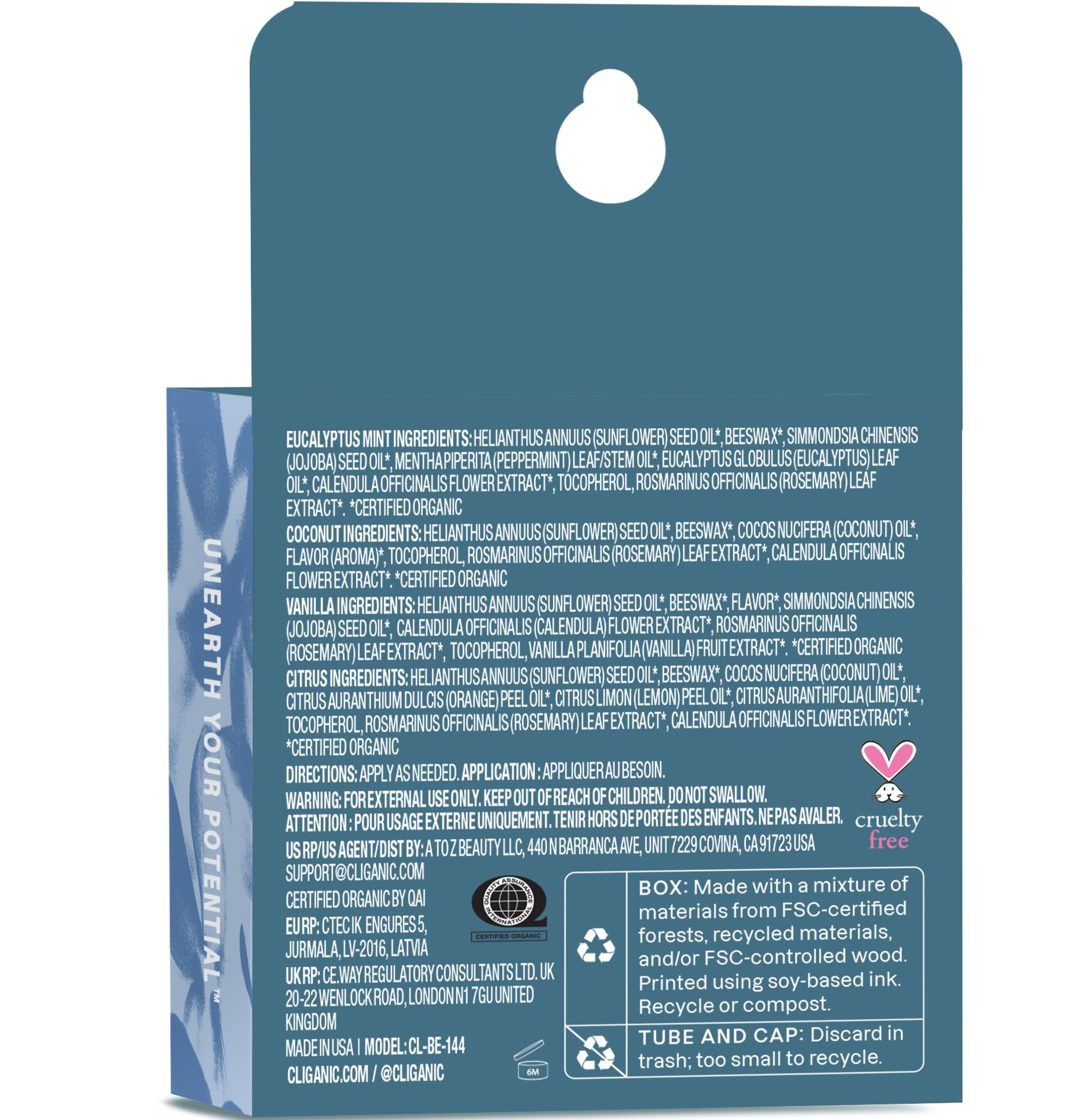 Cliganic Organic Lip Balm Set - 4 Flavors - Natural Hydrating for Cracked & Dry Lips