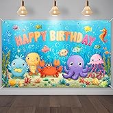 IVN Cute Ocean Animal Backdrop Banner 71x43 Inch Happy Birthday Underwater Party Decorations Photography Background Photo Booth Props for Men Women