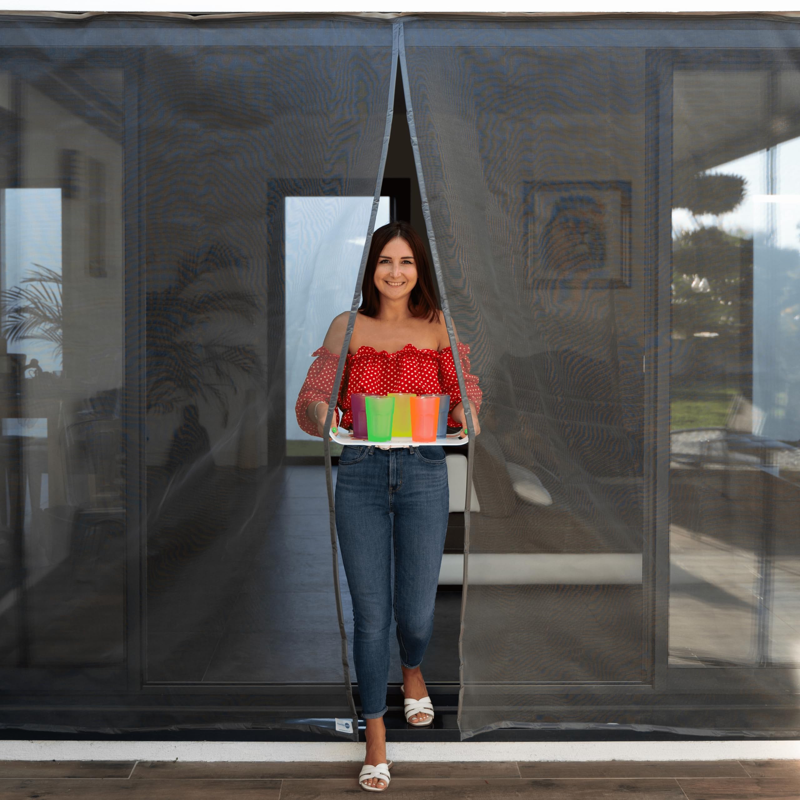 TRANQUILISAFE® Adjustable Magnetic Insect Screen for Bay Window with 2 Magnetic Openings, Magnetic Fly Screen, Automatic Mosquito Net (L 200 - H 216/224)