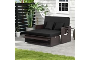 RELAX4LIFE Wicker Patio Outdoor Daybed - Rattan Day Bed Lounger with Loveseat & Storage Ottoman, Sunbed Sofa Set w/Cushions, 4-Level Adjustable Backrest & 2 Retractable Trays, Patio Daybed (Black)