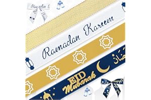 4 Rolls 20 Yards Ramadan Ribbons, 3/8" Blue Gold White Grosgrain Ribbons for Wrapping Eid Mubarak Ramadan Moon Star Lantern M