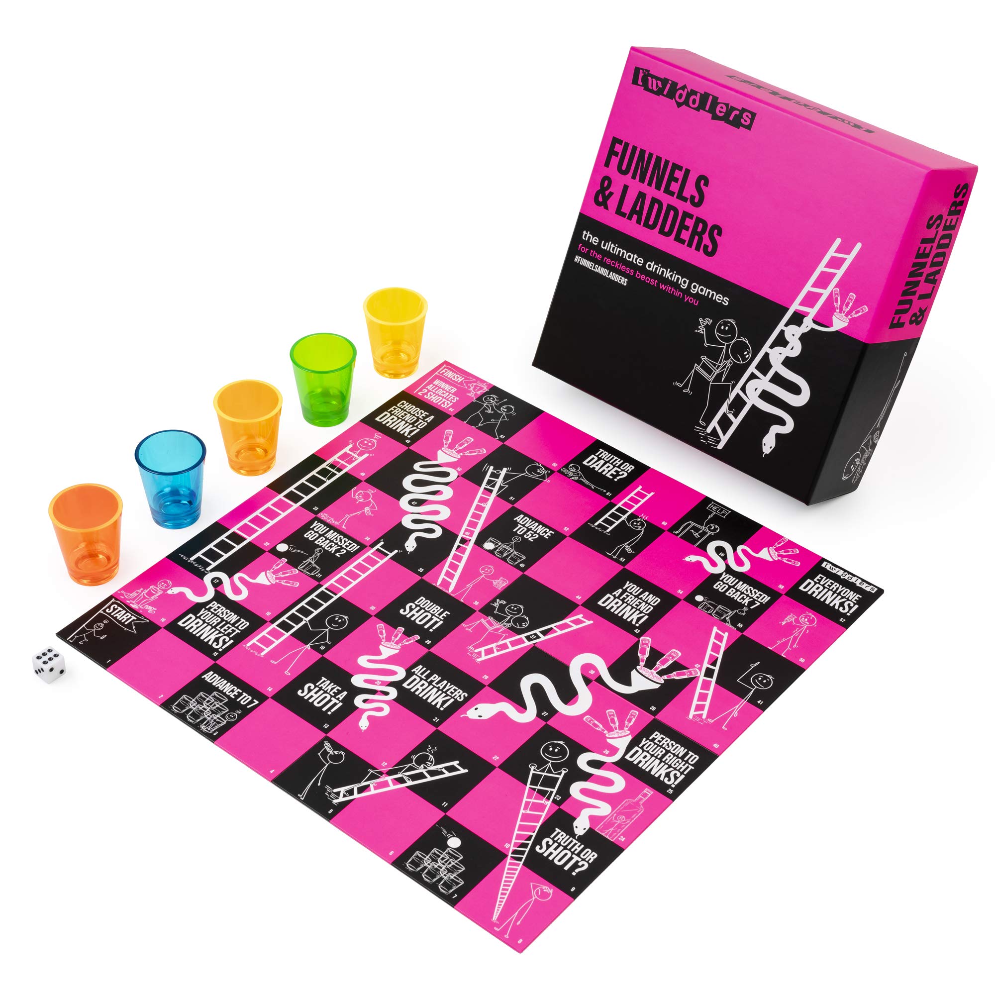 THE TWIDDLERS Funnels and Ladders Drinking Board Game for Parties - Snakes and Ladders with 5 Shot Glasses, Pre Drinks Set for Students, Drinking Games for Adults Party, Friends Birthdays