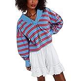 KGGT Women's Sweatshirt V Neck Long Sleeve Drop Shoulder Striped Cute Tops Pullover Sweatshirt