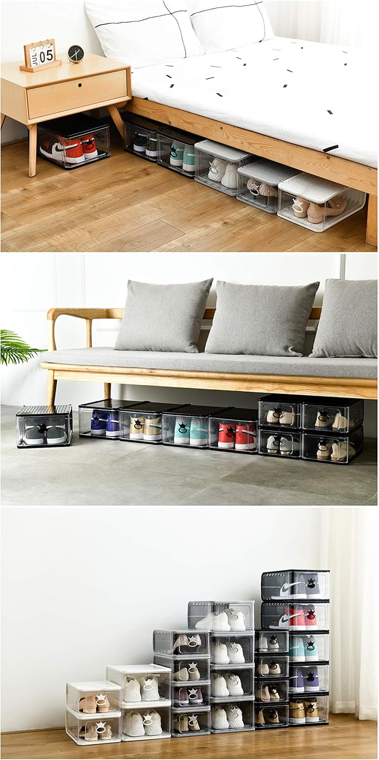 stackable clear shoe drawers on Home Kitchen White Large Size 4 Pieces Shoe Storage Boxes Clear Stackable Shoe Container Closet Entryway Organizer Shoe Organizers