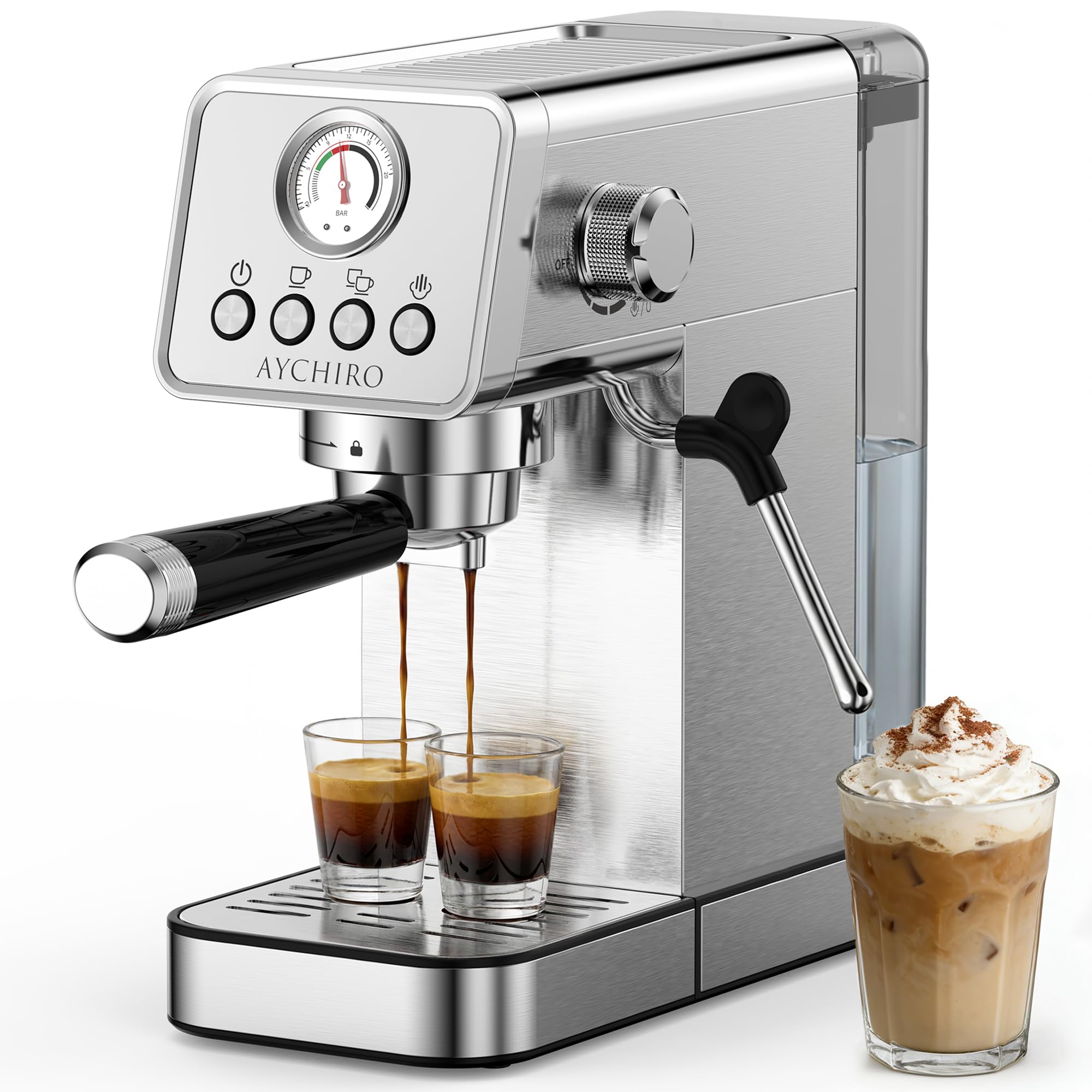 Photo 1 of AYCHIRO 20 Bar Semi-Automatic Espresso Machine, Adjustable Espresso Machine with Pressure Gauge, Compact Espresso Maker with Steam Wand, Cup Warmer for Home & Office