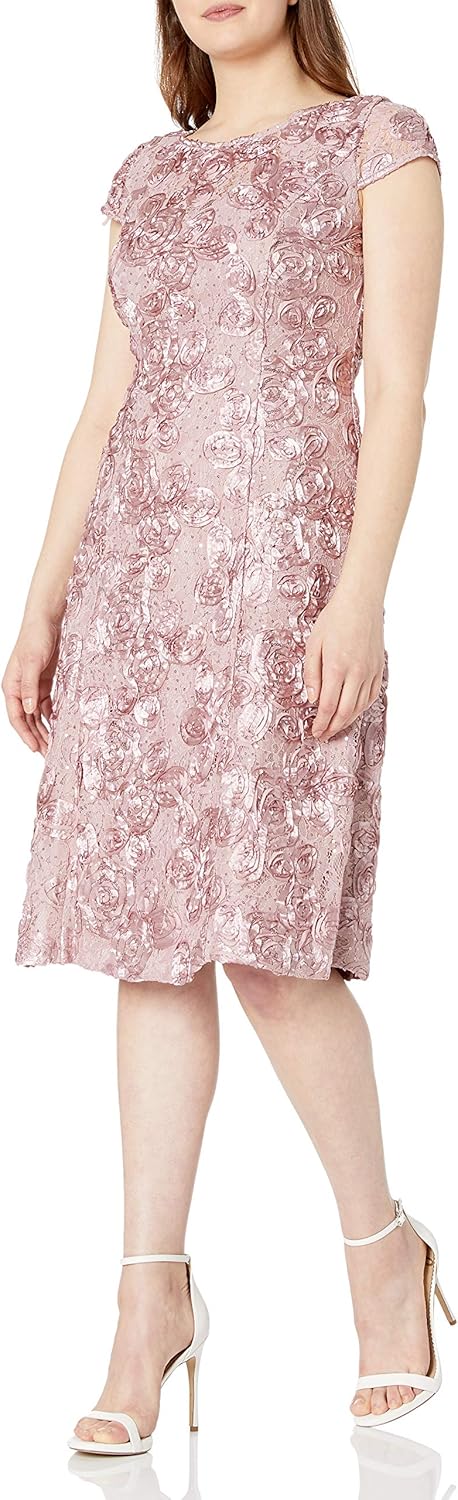 Alex Evenings Women's Tea Length Dress with Rosette Detail: Clothing