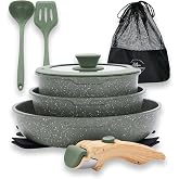 DishDelight Detachable Handle Camping Pots and Pans Set Non Stick | Pans with Removable Handles, Kitchen Induction Compatible, Granite Non-Toxic, Portable Stackable RV Cookware Set for Camper