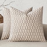 MIULEE Block Print Pillow Covers 20x20 Inch Set of 2, Vintage Floral Throw Pillow Cases Neutral Linen Farmhouse Cushion Covers for Couch Sofa Bed Chair Living Room, Cream Oatmea