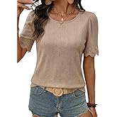 Dokotoo Womens Summer Tops 2026 Hollow Out Lace Trim Short Sleeve T-Shirts Crewneck Casual Lightweight Basic Tee Blouses