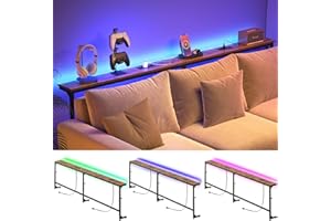 YGEOMER 79in Behind Couch Table Adjustable Height Sofa Table with Charge Station Narrow Console Table with LED Lights, Rustic Brown