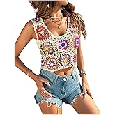 Verdusa Women's Scoop Neck Sleeveless Hollow Out Crochet Boho Crop Tank Top