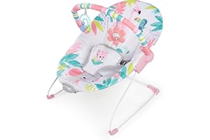 Bright Starts Flamingo Vibes 3-Point Harness Harness Vibrating Baby Bouncer with -Toy bar