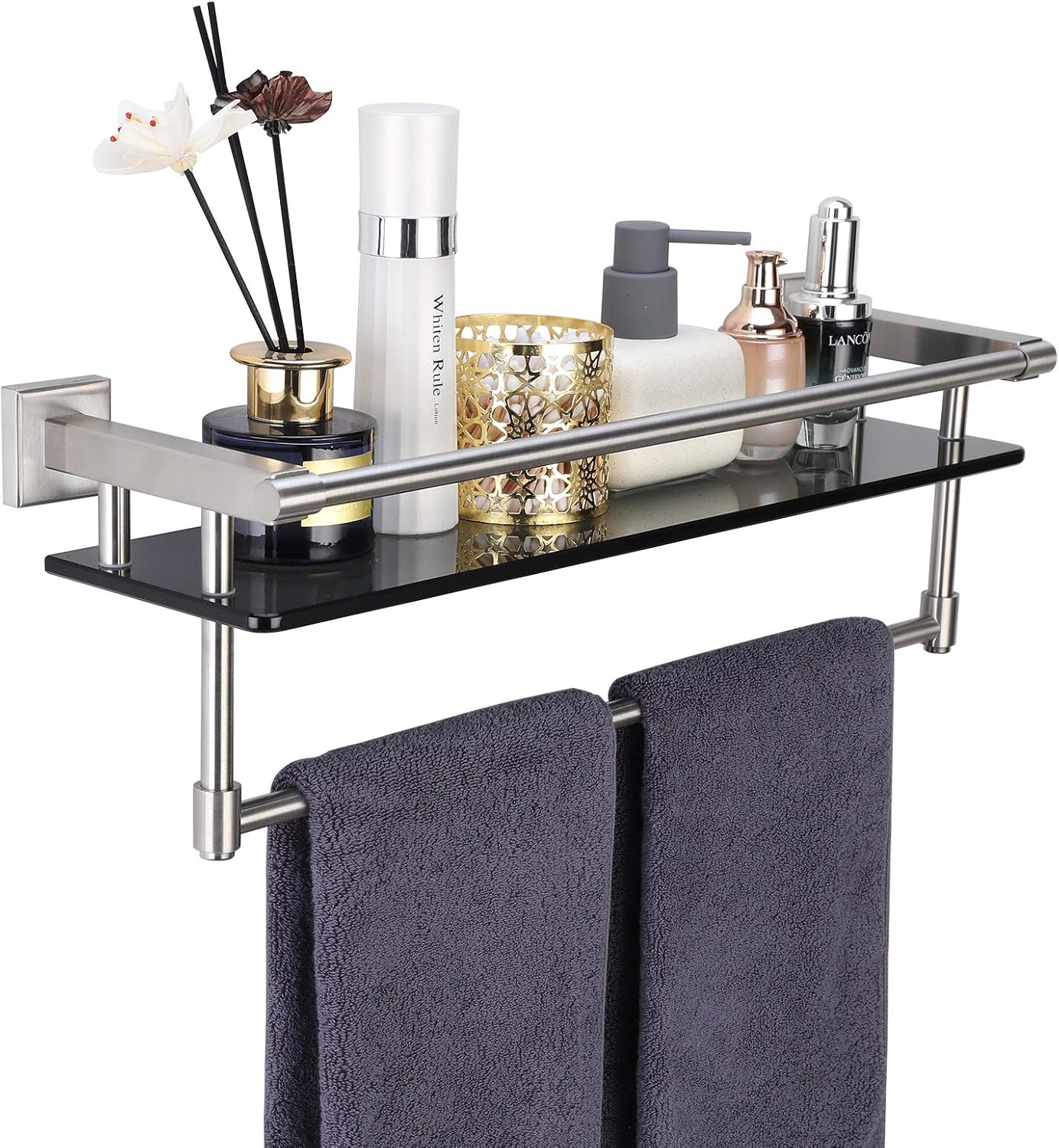 Bathroom Glass Shelf with Towel bar 20.8"x 5.9" Tempered Glass Shelf SUS 304 Stainless Steel Wall Mount (Brushed Nickel): Kitchen & Dining