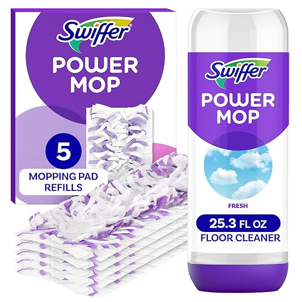 SWIFFER POWER MOP REFILL PACK, FLOOR CLEANER FOR MOPPING TILE, VINYL, LAMINATE, WOOD IN HOME, BATHROOM, KITCHEN, ALL PURPOSE MULTI-SURFACE CLEANING, 5 PADS + 1 LAVENDER SOLUTION