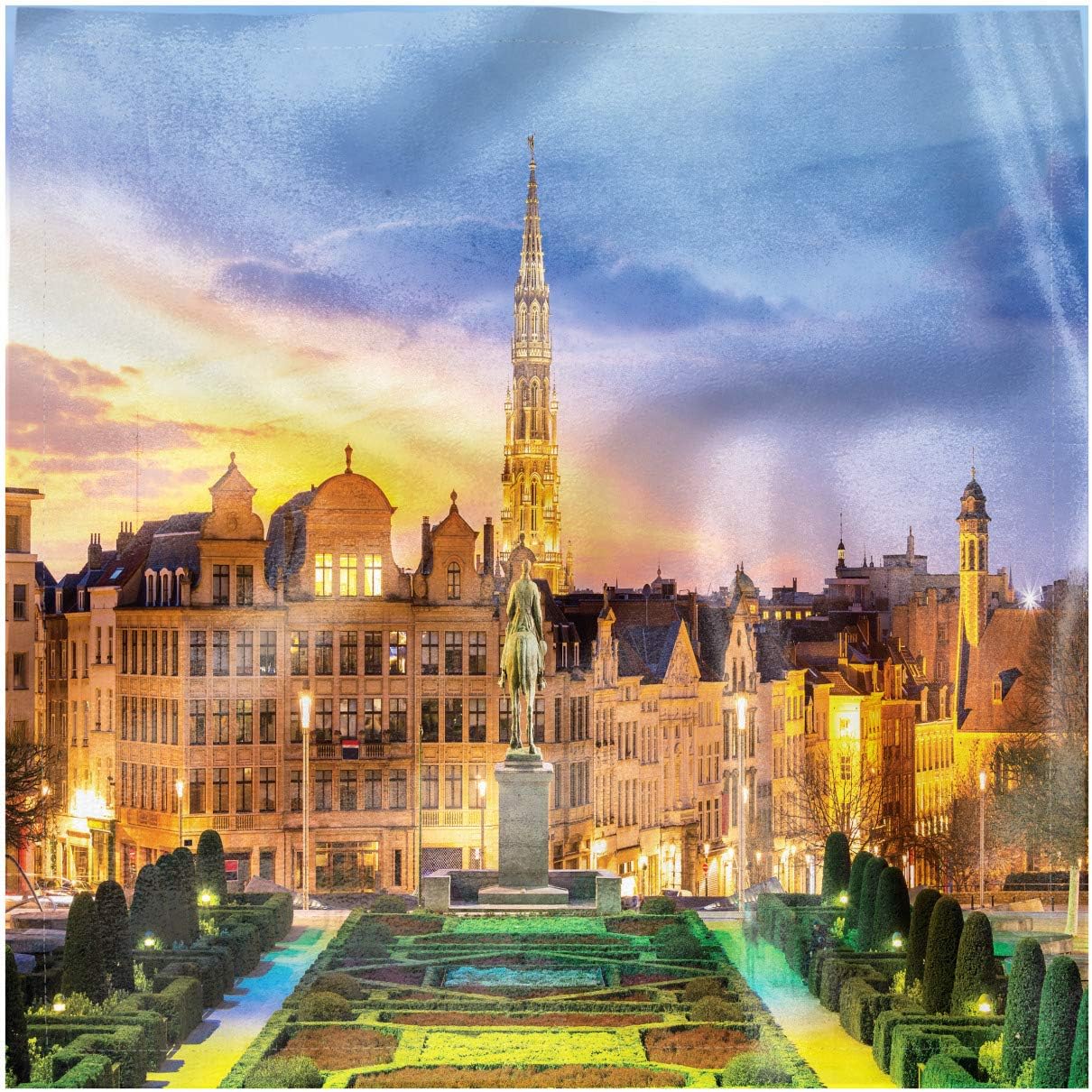 Lunarable European Decorative Napkins Set of 4, Brussels Cityscape with Monument Belgium Avenue Medieval in Gothic Style Print, Silky Satin Fabric for Brunch Dinner Buffet Party, 18", Multicolor