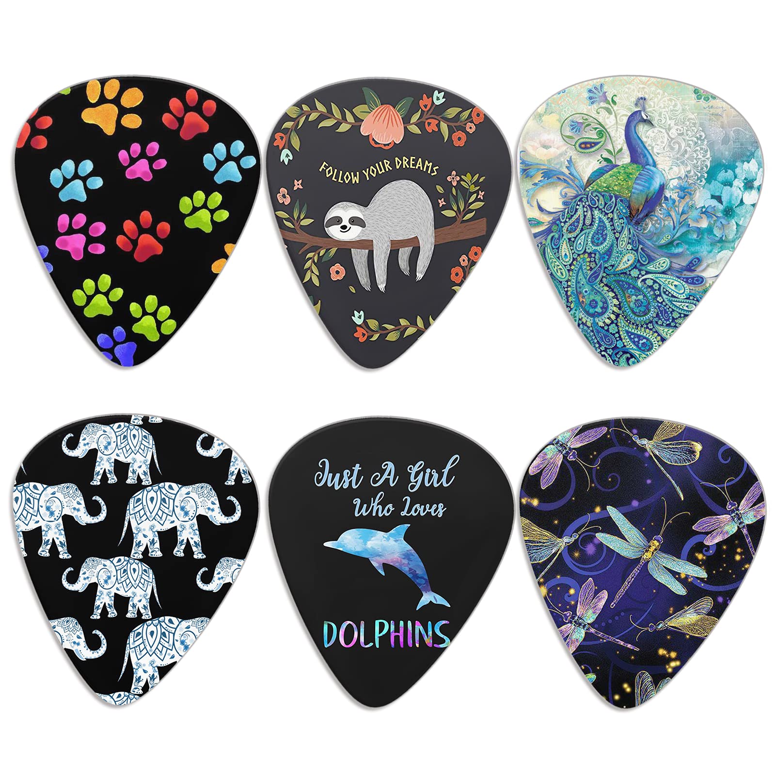 Jeiento Animal Guitar Picks for Womens Ladies for Bass Electric Acoustic Guitars 6 pack 0.96mm Colorful Paws/Sloth/Peacock/Elephant/Dolphin/Dragonfly