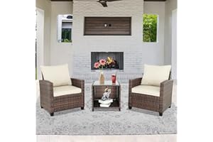 Furnivilla 3 Piece Patio Set Rattan Wicker Chairs with Coffee Table Outside Furniture Balcony Furniture Sets (Brown Gary)