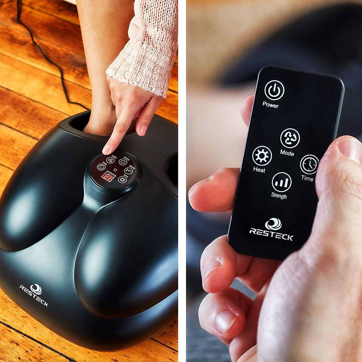 RESTECK™ Shiatsu Foot Massager Machine with Heat {Remote Control} Deep Kneading Massage Therapy, Air Compression, Relieve Foot Pain from Plantar Fasciitis, Neuropathy & Chronic Nerve Pain: Health & Personal Care