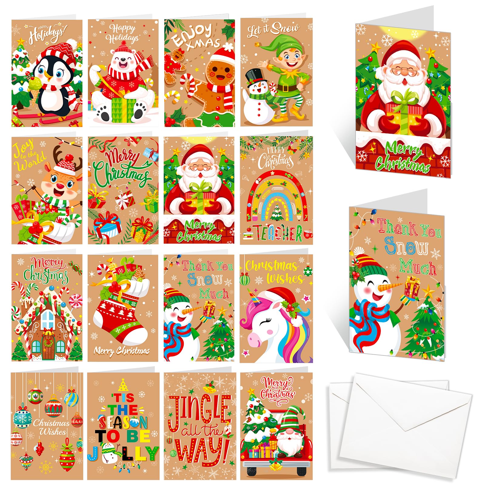 HOWAF Small Christmas Cards Pack of 32, Kids Christmas Cards Pack, Kids Christmas Cards for School, Childrens Christmas Cards Kids Xmas Cards for Class Friends & Teachers, with Envelope, Brown