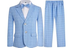 KIDINIX Boys Plaid Suit Set 4 Pieces Blazer Vest Pants Classic Formal Suit for Wedding Party