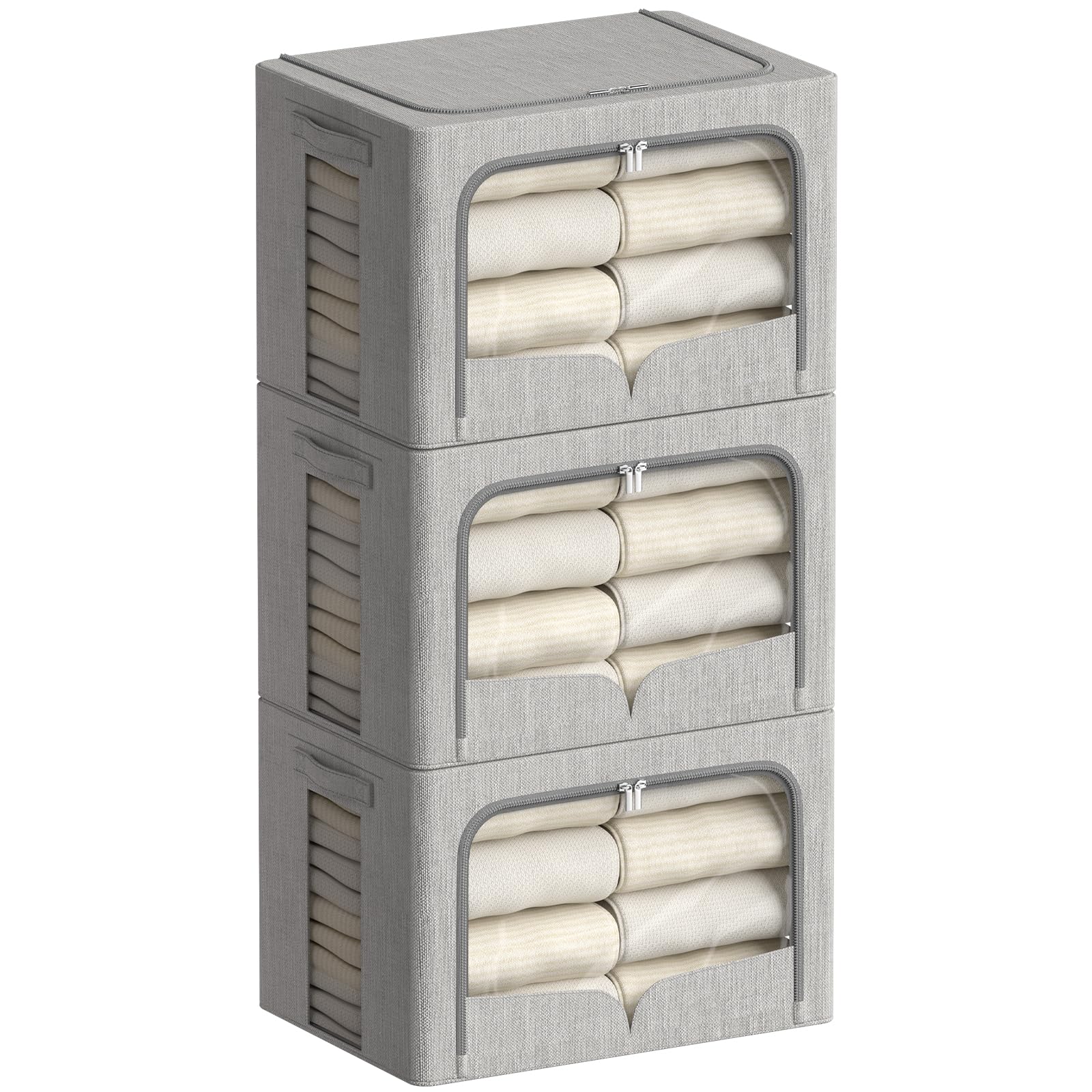 FHSQX 3 Pack Clothes Storage Bins - Foldable Metal Frame Storage Box - Stackable Linen Fabric Container Organizer Set with Carrying Handles and Clear Window (Light Gray, 16.5x12.2x12.2inch(40L)) Image