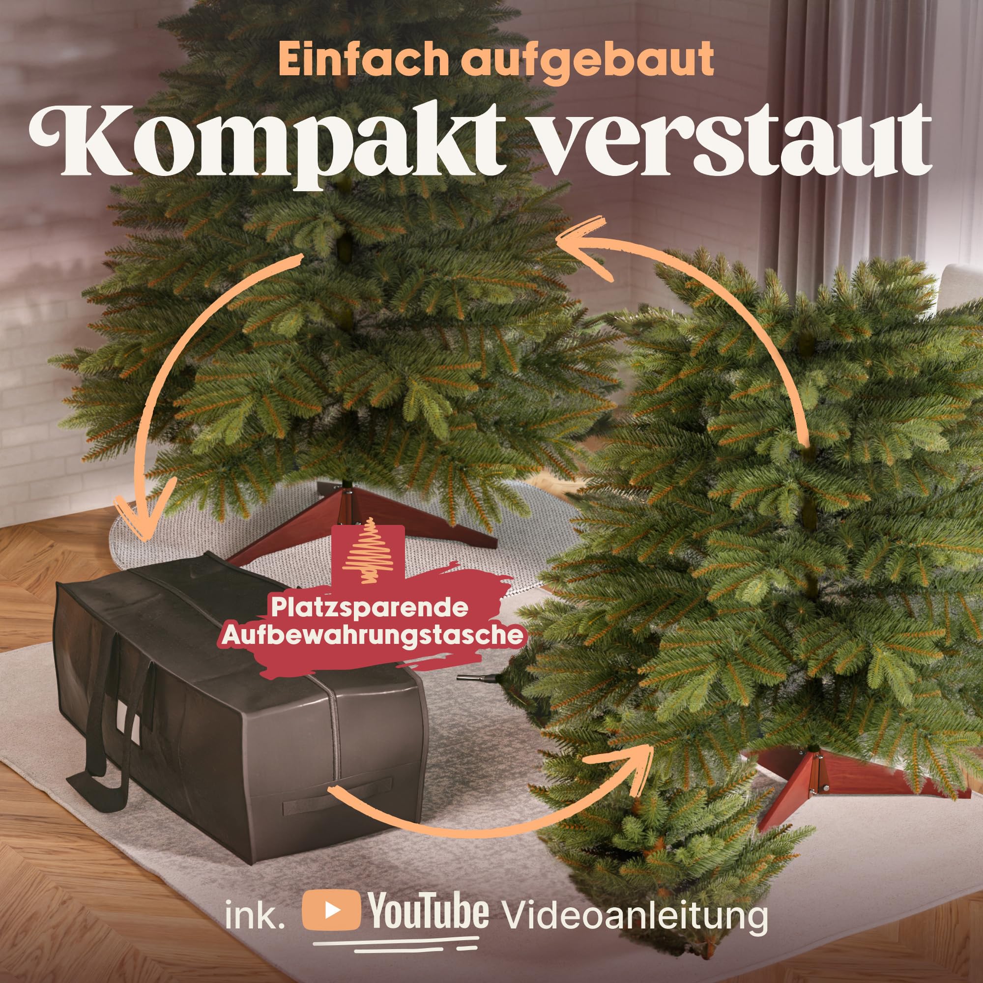 Premium Weihnachtsbaum künstlich 180cm - TESTSIEGER 10 Jahre GARANTIE - Naturgetreu, dichte Zweige, Künstlicher Weihnachtsbaum mit Holzständer, Christmas Tree Tannenbaum künstlich 180 cm Pure Living