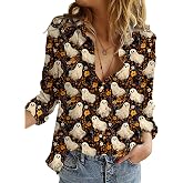 Holiday Button Down Shirts for Women V Neck Long Sleeve Tops | Funny Halloween Thankgiving Christmas Graphic Fall Blouse