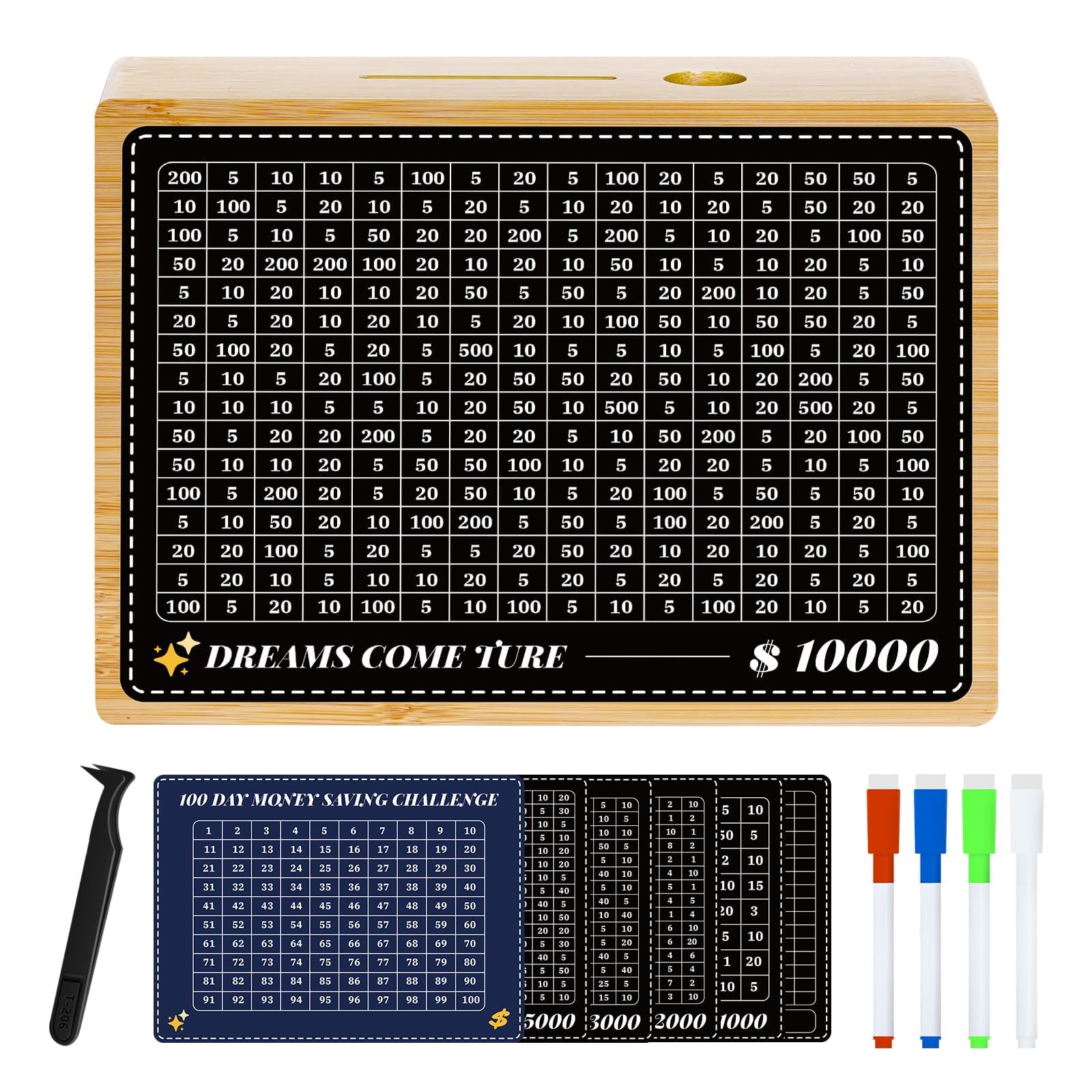 Photo 1 of $10000 Savings Challenge Box with 8 Saving Targets, Money Saving Box, Wooden Savings Box Cash Vault, Piggy Banks for Adults, Cash Money Jar Coin Bank for Birthdays, Christmas, Log