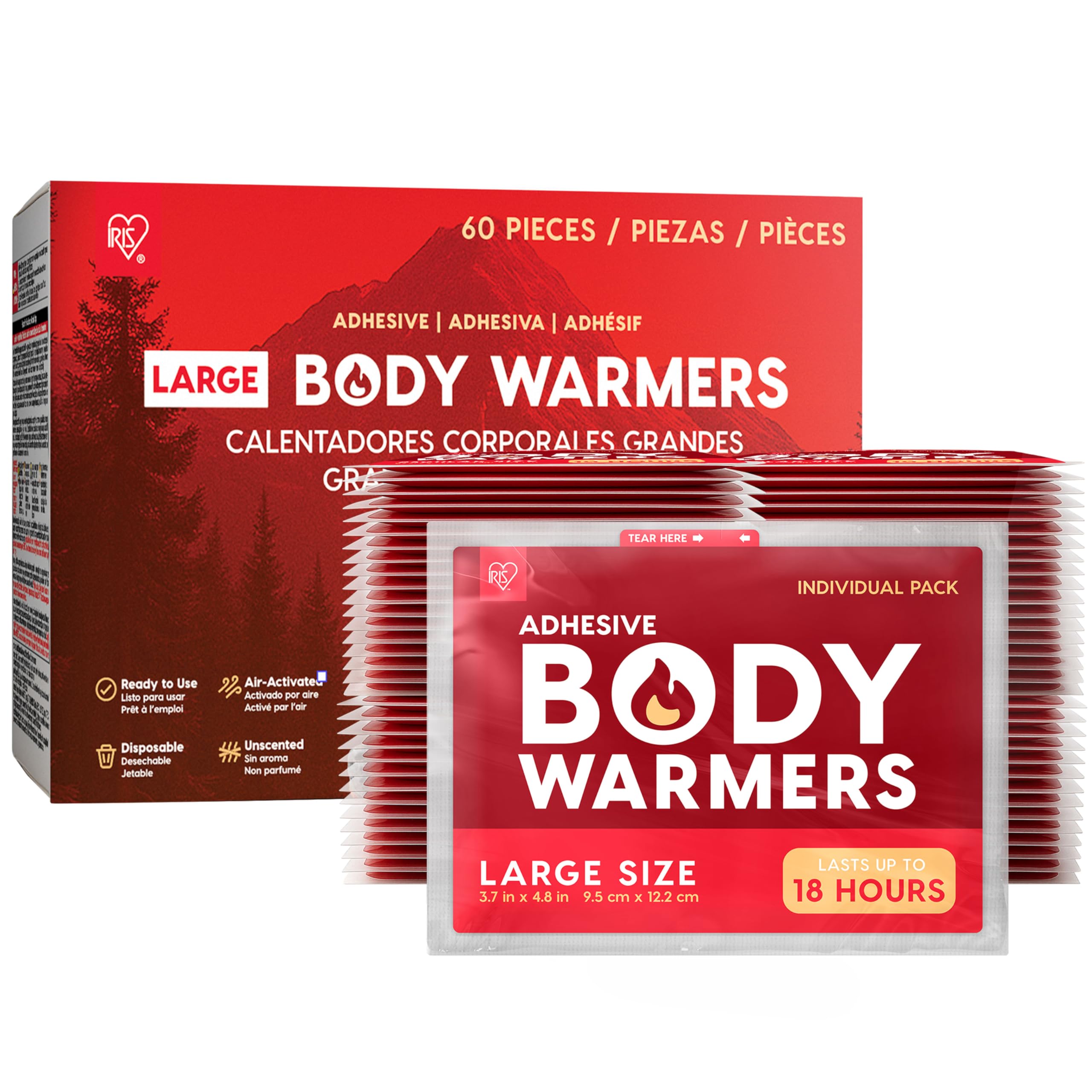 Photo 1 of IRIS USA Hand Warmers, Large - 60 Individual Warmers, Adhesive Body Warmers Up to 12 Hours Disposable Handwarmers Bulk for Hot Hands Feet Chest Back Legs, TSA-Approved, Skiing Camping Outdoor